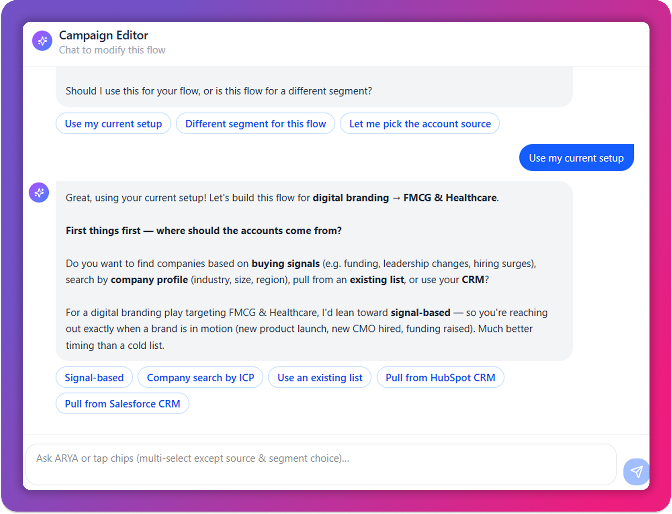 ARYA Chat Interface with Live Config Review